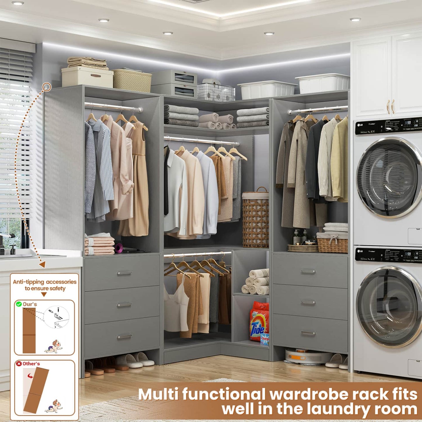 81-In Closet System Set with Wood Drawers, Corner Closet Organizer with Hanging Rods