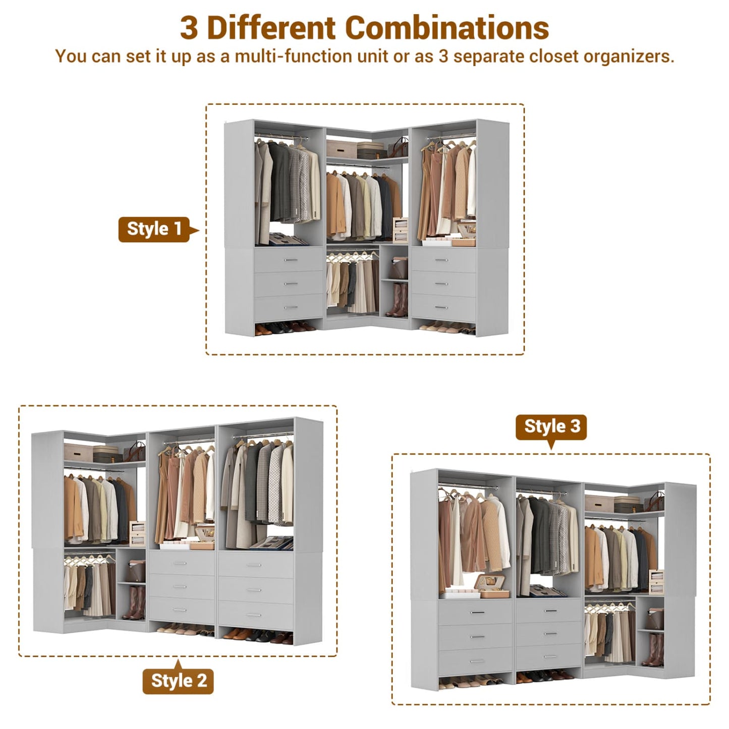 81-In Closet System Set with Wood Drawers, Corner Closet Organizer with Hanging Rods