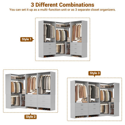 81-In Closet System Set with Wood Drawers, Corner Closet Organizer with Hanging Rods