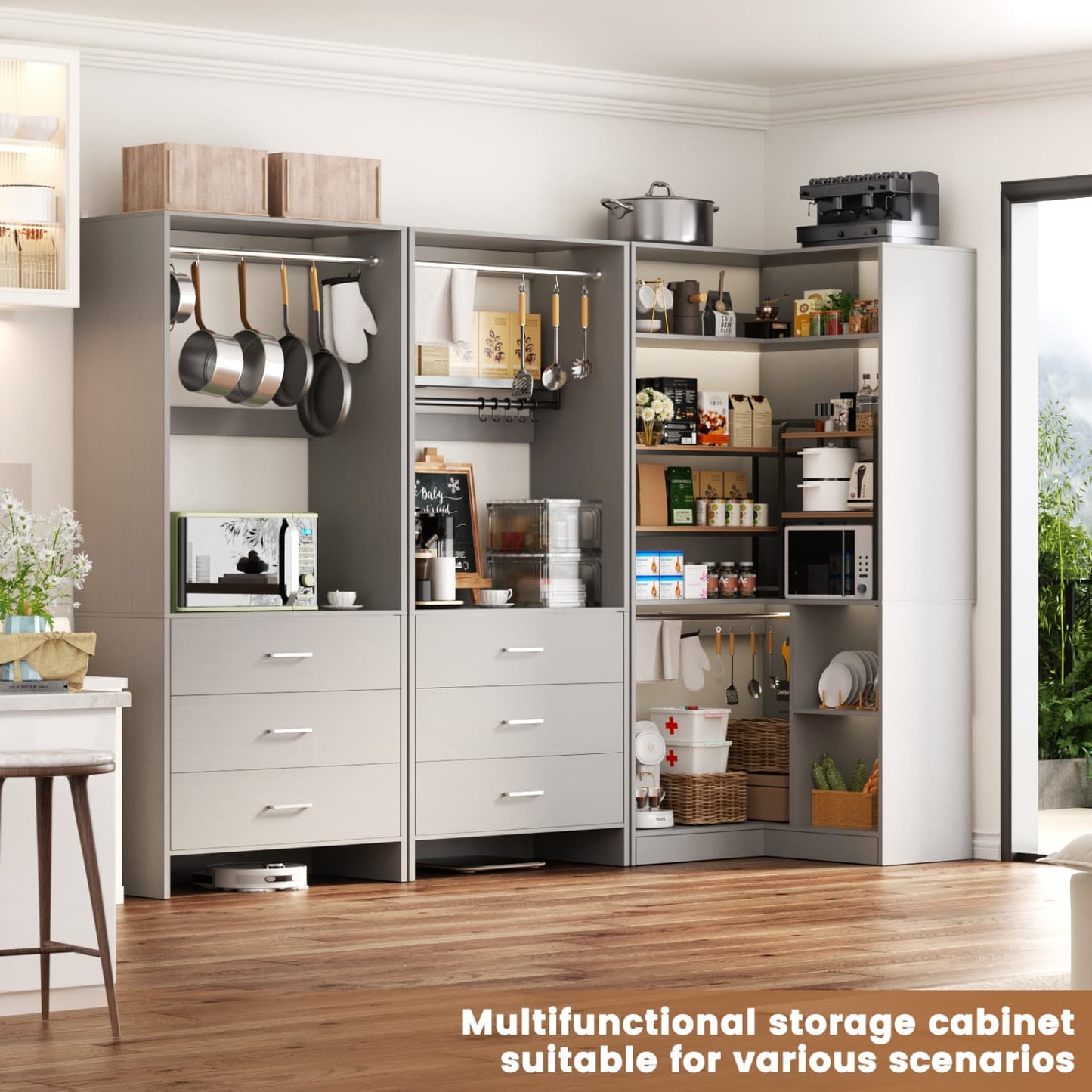 81-In Closet System Set with Wood Drawers, Corner Closet Organizer with Hanging Rods