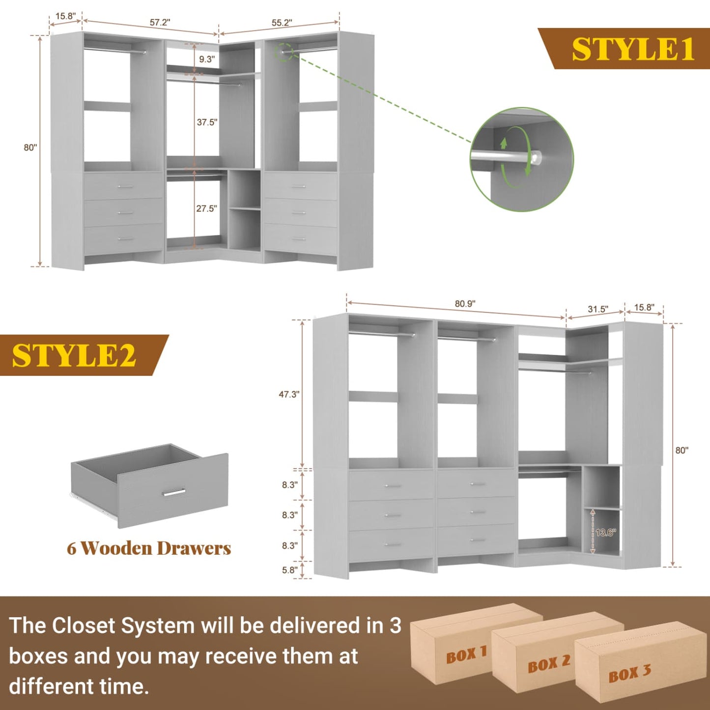81-In Closet System Set with Wood Drawers, Corner Closet Organizer with Hanging Rods