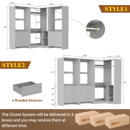 81-In Closet System Set with Wood Drawers, Corner Closet Organizer with Hanging Rods