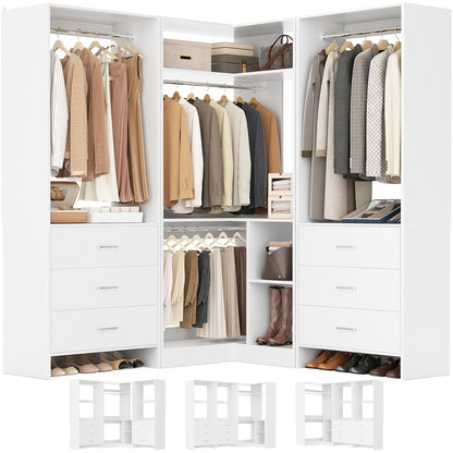 81-In Closet System Set with Wood Drawers, Corner Closet Organizer with Hanging Rods