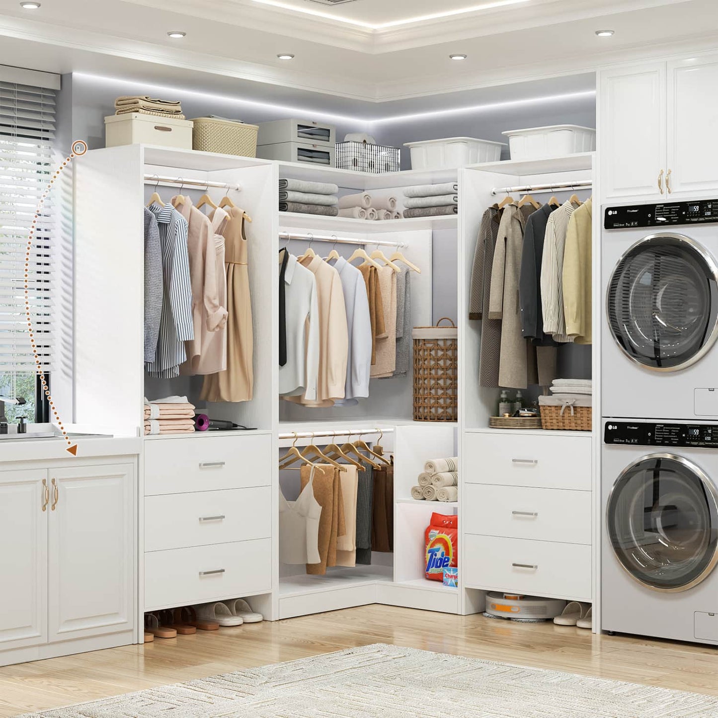 81-In Closet System Set with Wood Drawers, Corner Closet Organizer with Hanging Rods