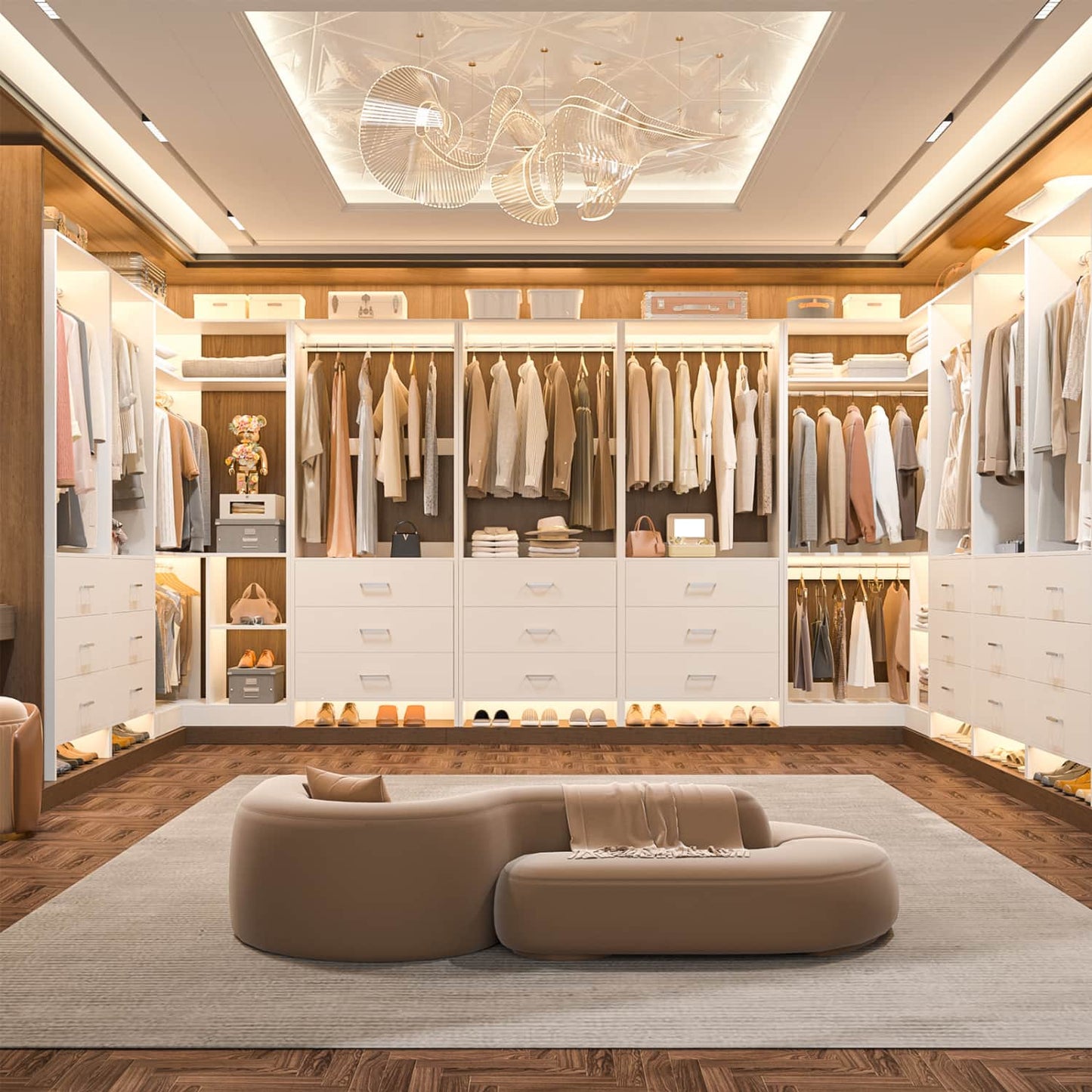 81-In Closet System Set with Wood Drawers, Corner Closet Organizer with Hanging Rods