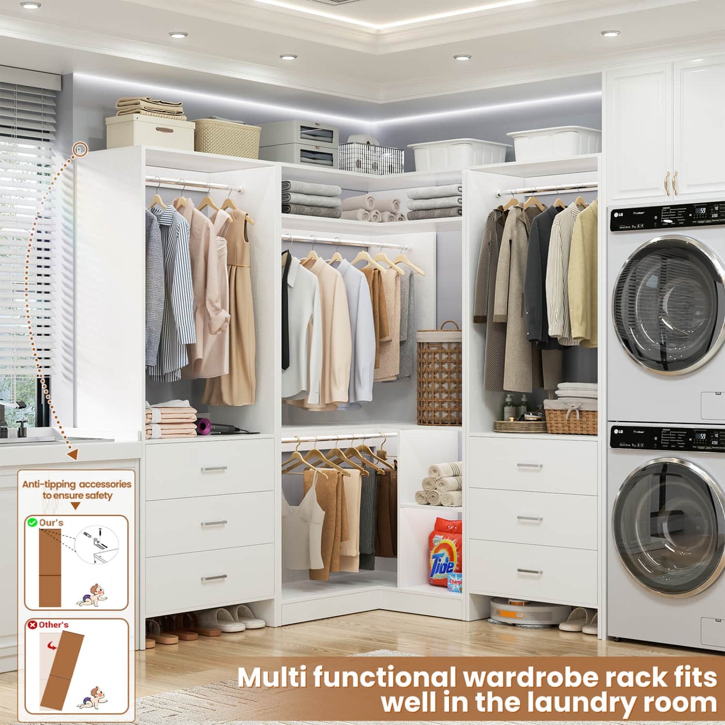 81-In Closet System Set with Wood Drawers, Corner Closet Organizer with Hanging Rods