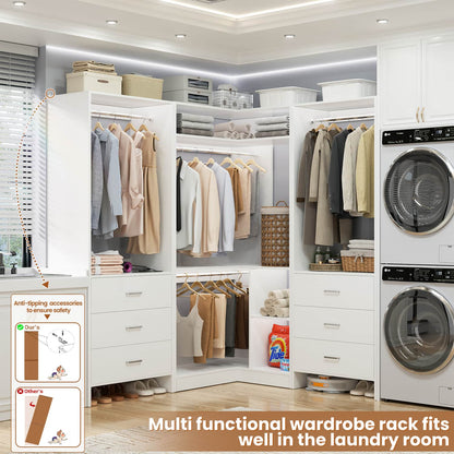 81-In Closet System Set with Wood Drawers, Corner Closet Organizer with Hanging Rods