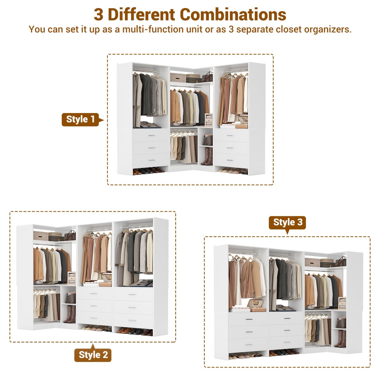 81-In Closet System Set with Wood Drawers, Corner Closet Organizer with Hanging Rods