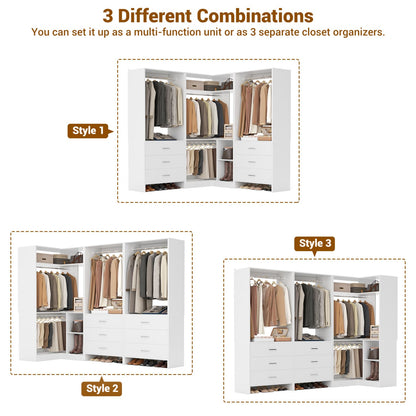 81-In Closet System Set with Wood Drawers, Corner Closet Organizer with Hanging Rods