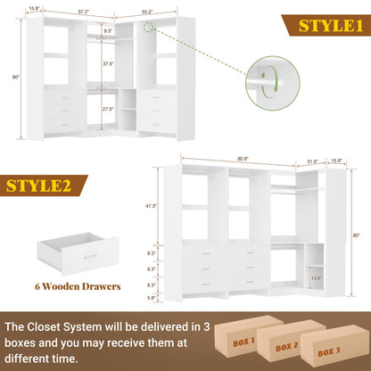 81-In Closet System Set with Wood Drawers, Corner Closet Organizer with Hanging Rods