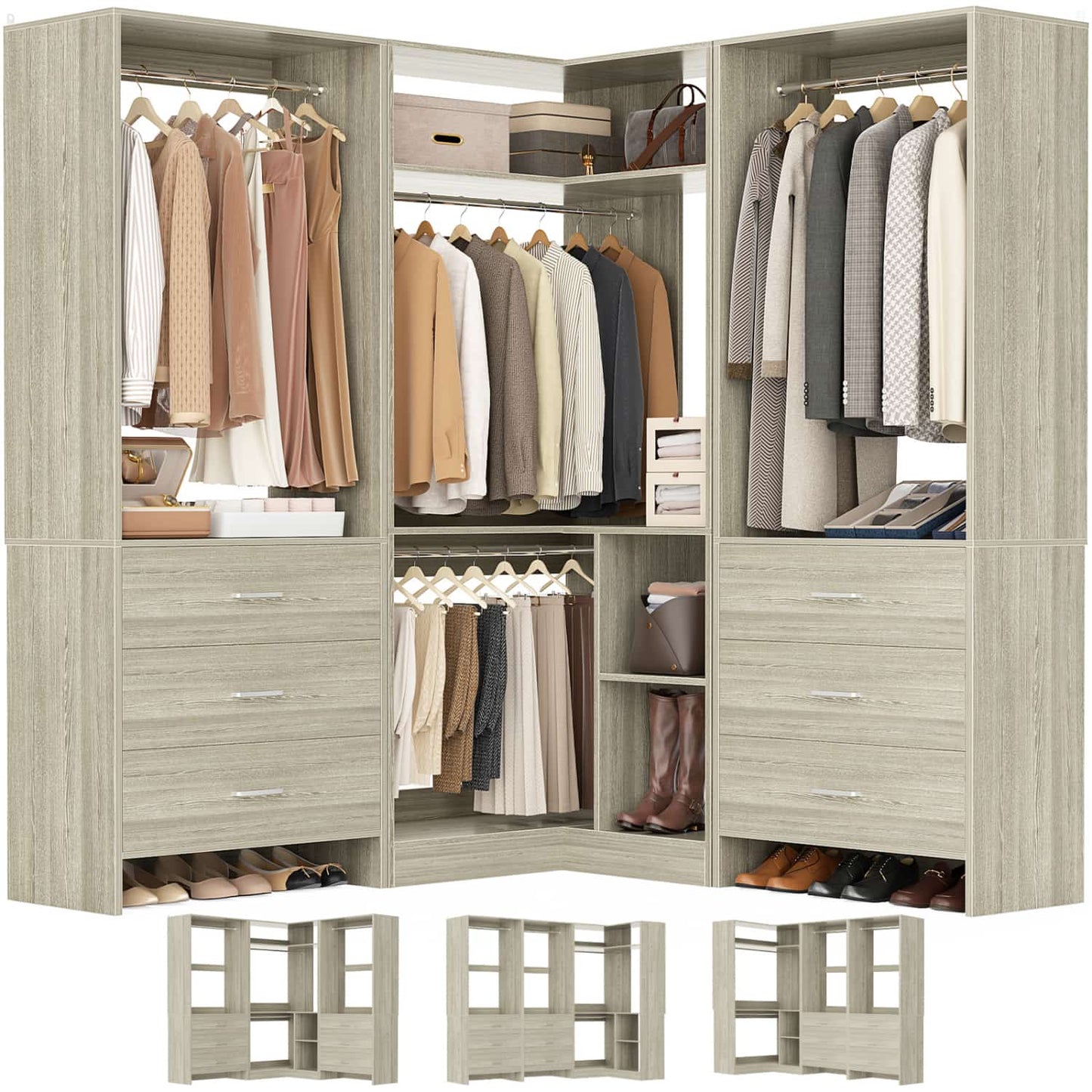 81-In Closet System Set with Wood Drawers, Corner Closet Organizer with Hanging Rods