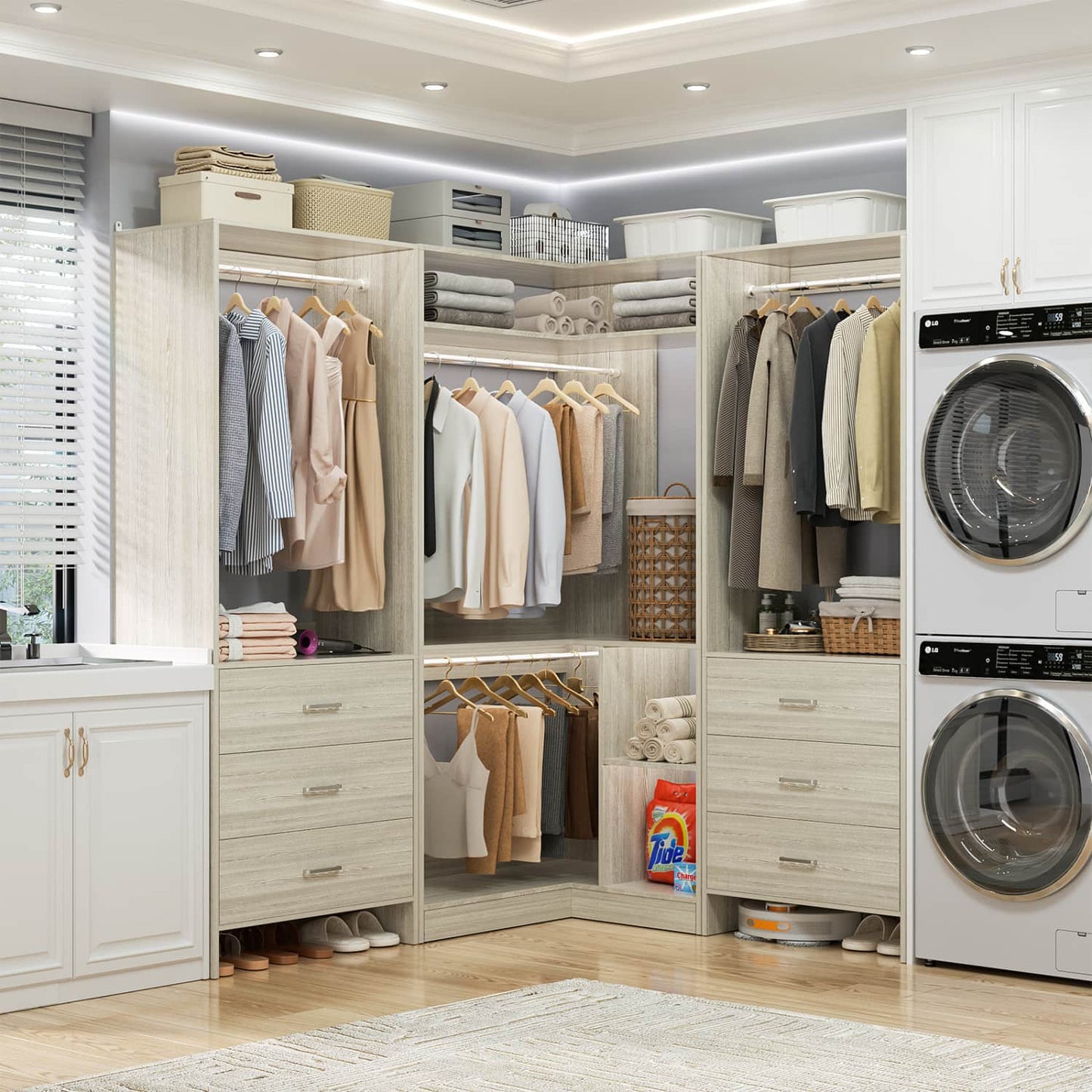 81-In Closet System Set with Wood Drawers, Corner Closet Organizer with Hanging Rods