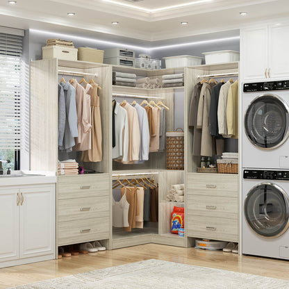 81-In Closet System Set with Wood Drawers, Corner Closet Organizer with Hanging Rods