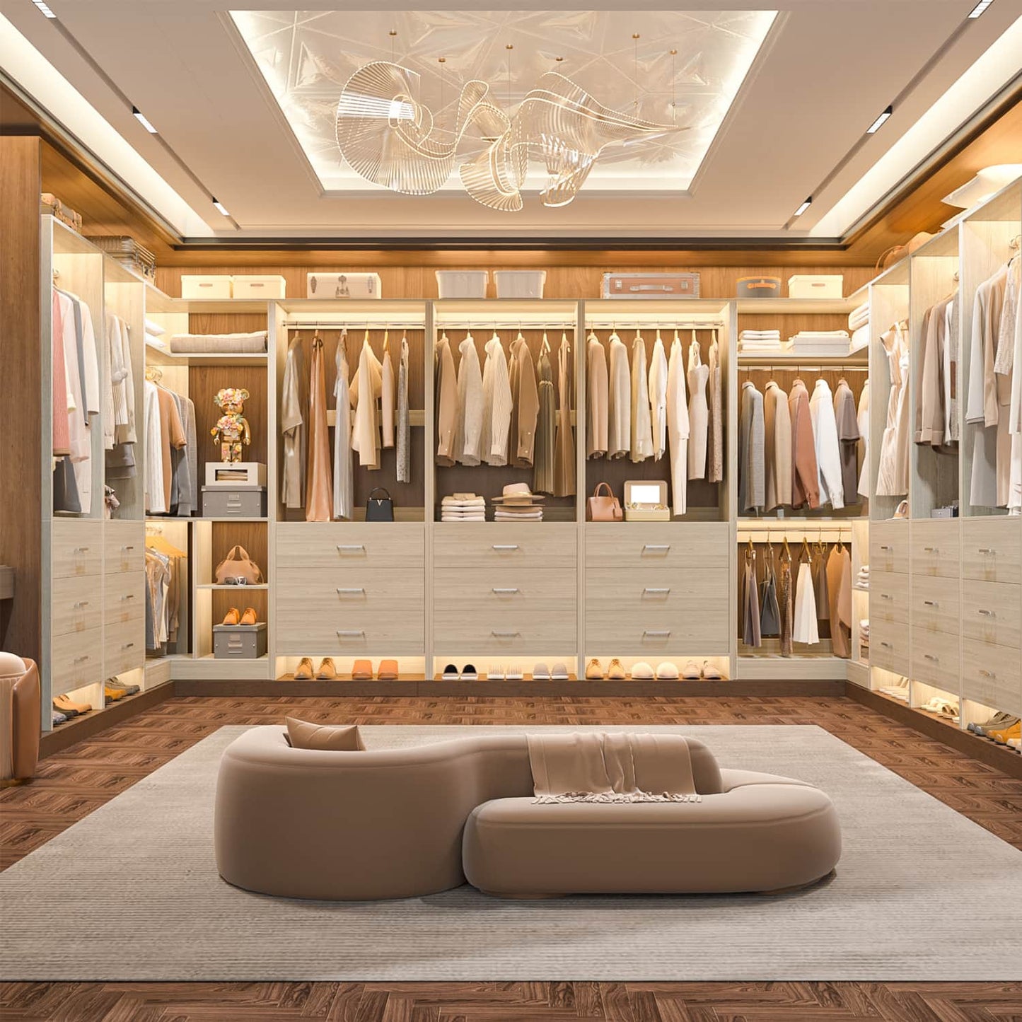 81-In Closet System Set with Wood Drawers, Corner Closet Organizer with Hanging Rods