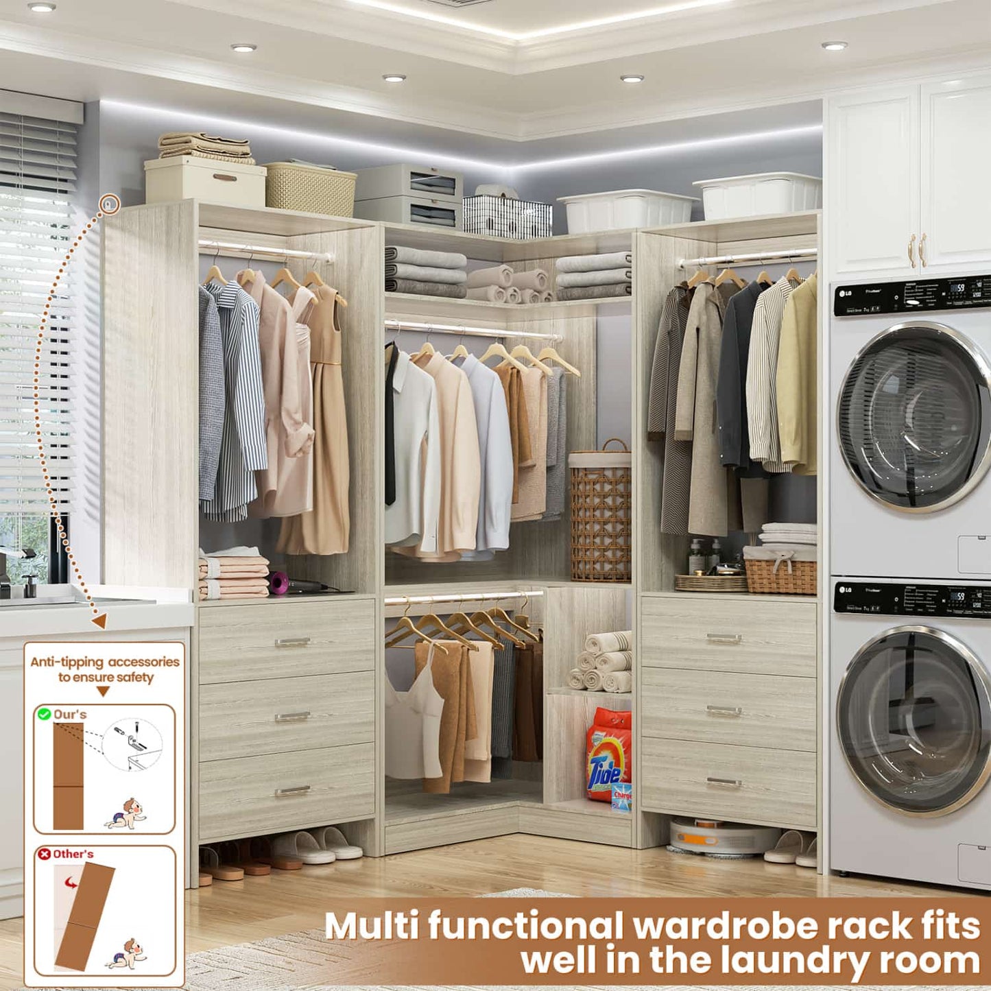 81-In Closet System Set with Wood Drawers, Corner Closet Organizer with Hanging Rods