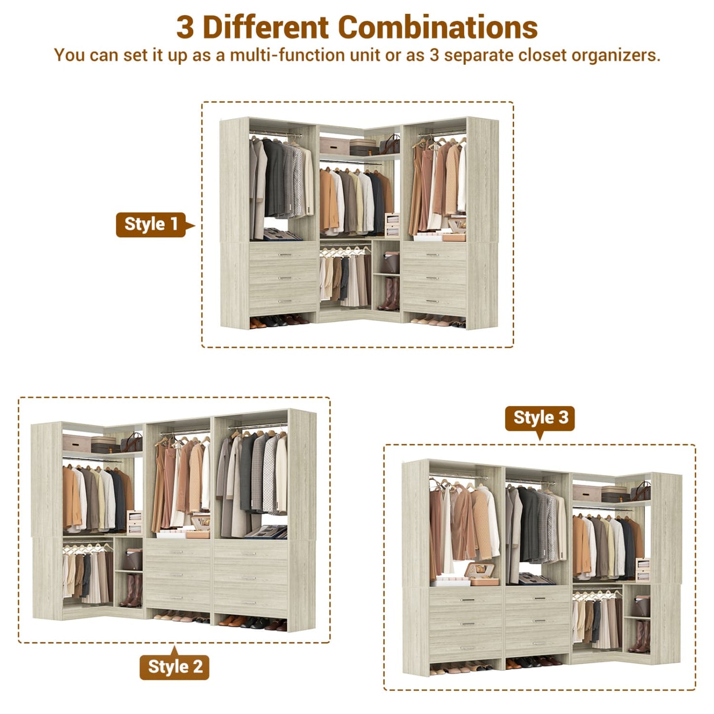 81-In Closet System Set with Wood Drawers, Corner Closet Organizer with Hanging Rods