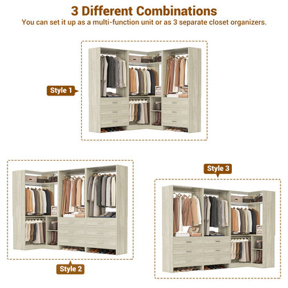 81-In Closet System Set with Wood Drawers, Corner Closet Organizer with Hanging Rods