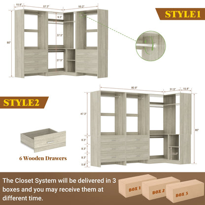 81-In Closet System Set with Wood Drawers, Corner Closet Organizer with Hanging Rods