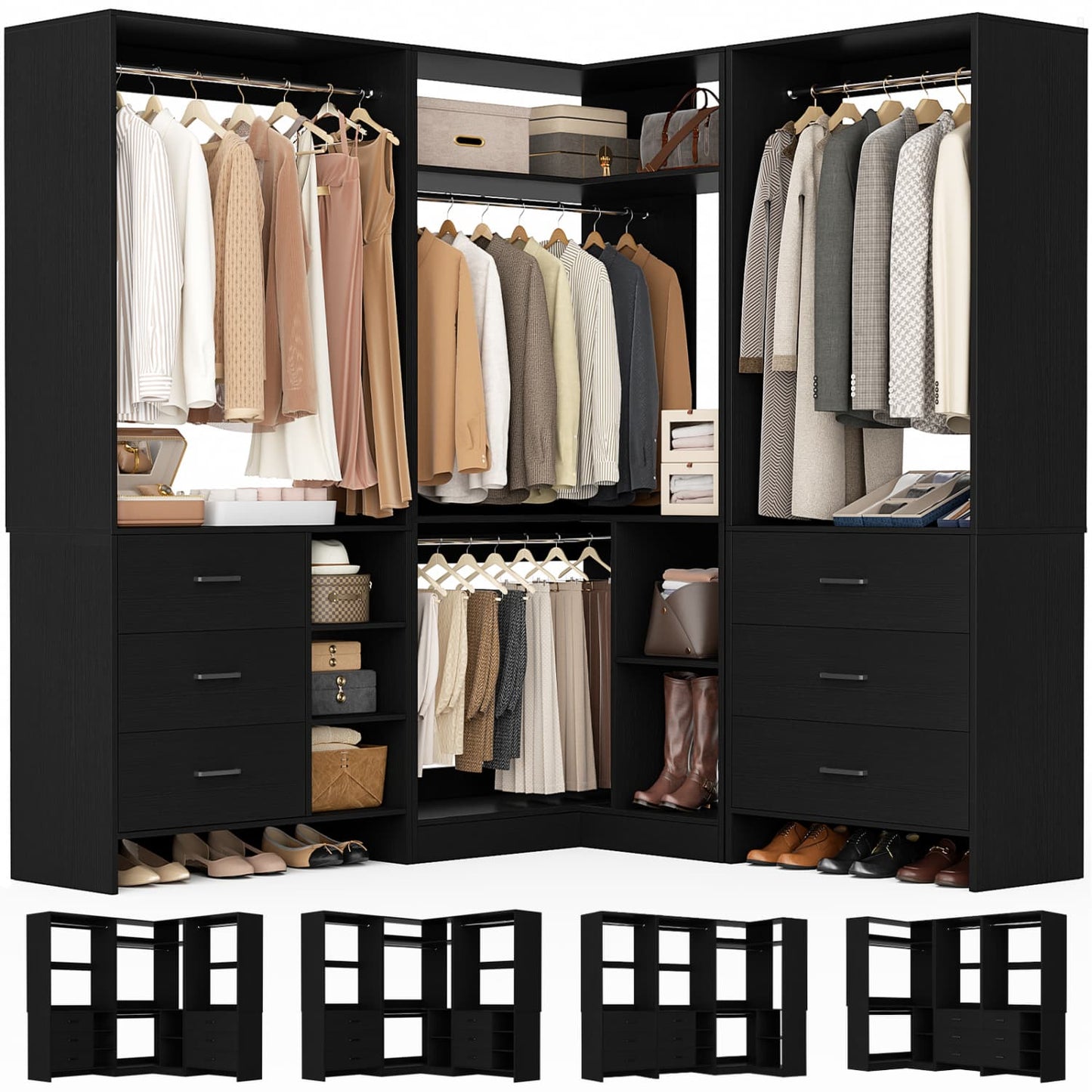 86-In Closet System Set with Wood Drawers, Corner Closet Organizer with Hanging Rods