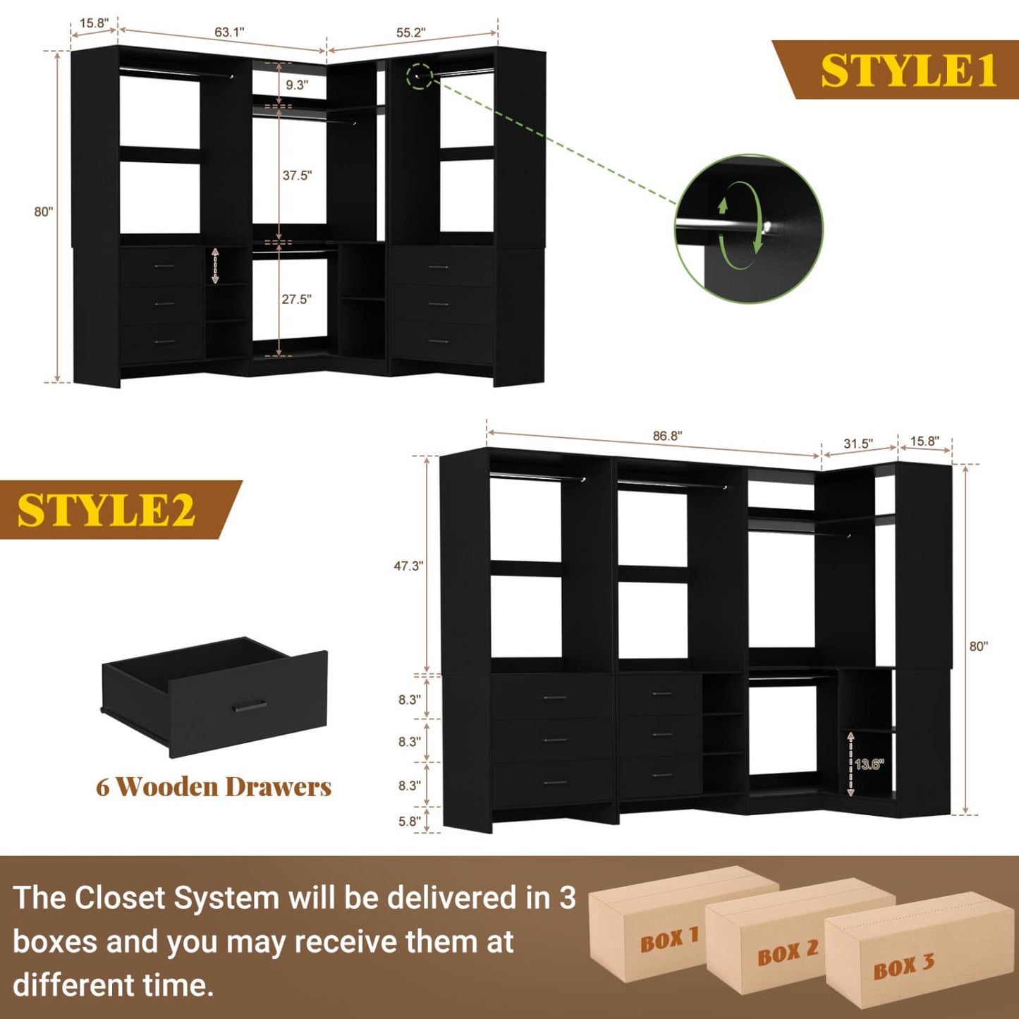 86-In Closet System Set with Wood Drawers, Corner Closet Organizer with Hanging Rods
