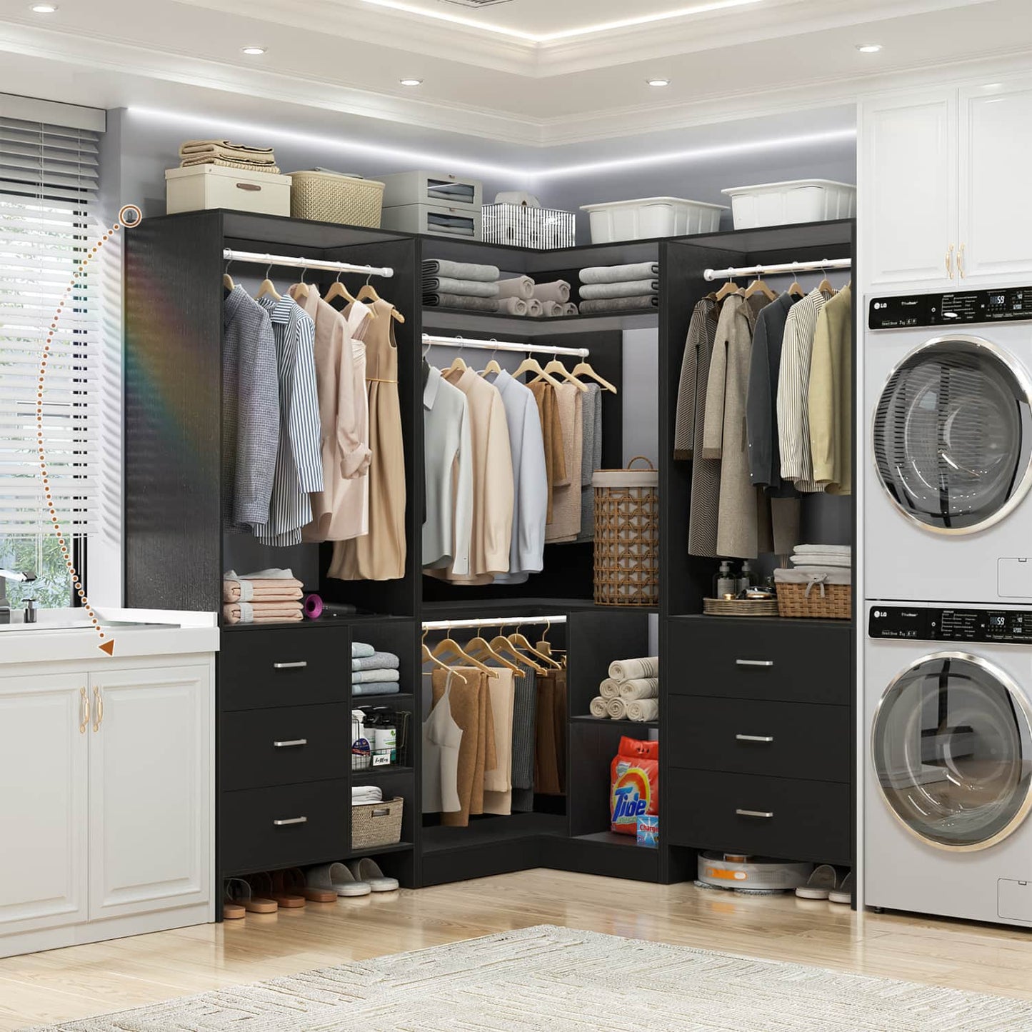 86-In Closet System Set with Wood Drawers, Corner Closet Organizer with Hanging Rods
