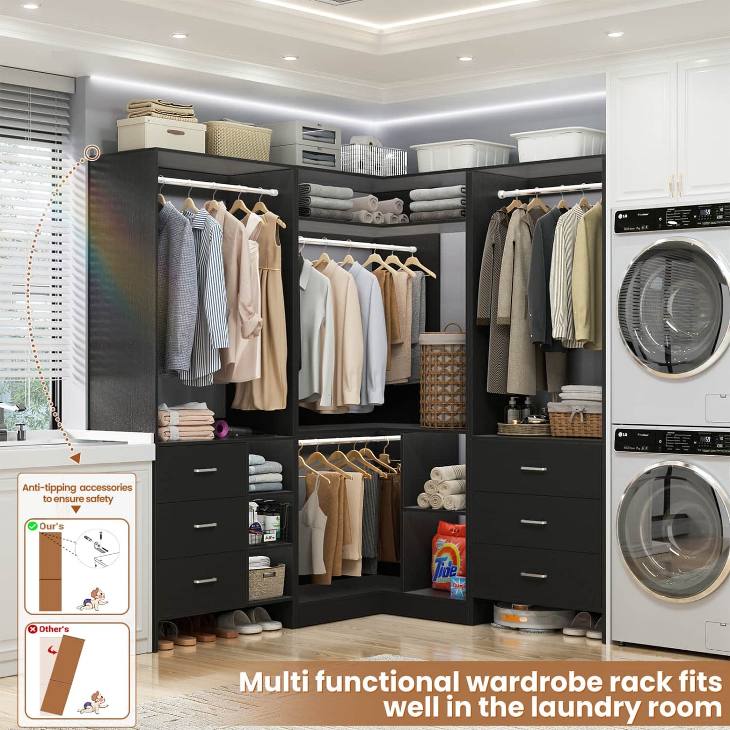 86-In Closet System Set with Wood Drawers, Corner Closet Organizer with Hanging Rods