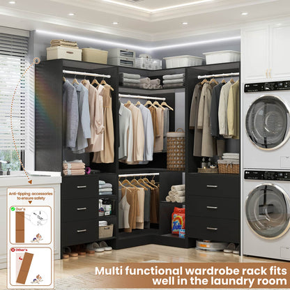 86-In Closet System Set with Wood Drawers, Corner Closet Organizer with Hanging Rods