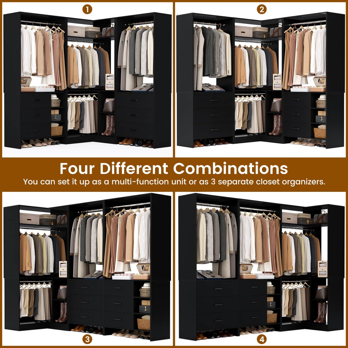 86-In Closet System Set with Wood Drawers, Corner Closet Organizer with Hanging Rods