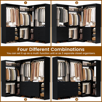 86-In Closet System Set with Wood Drawers, Corner Closet Organizer with Hanging Rods