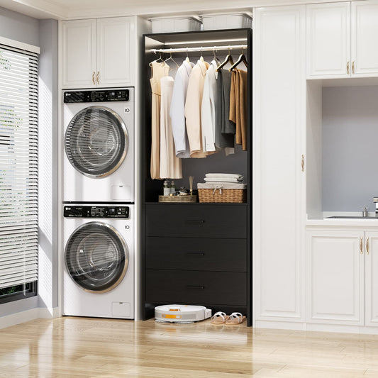 24-In Closet Organizer System with Wooden Drawers, Freestanding Wardrobe with Hanging Rod