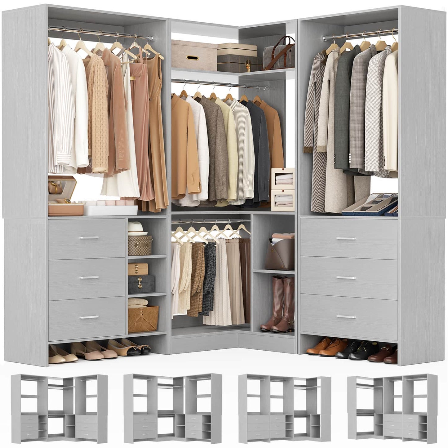 86-In Closet System Set with Wood Drawers, Corner Closet Organizer with Hanging Rods