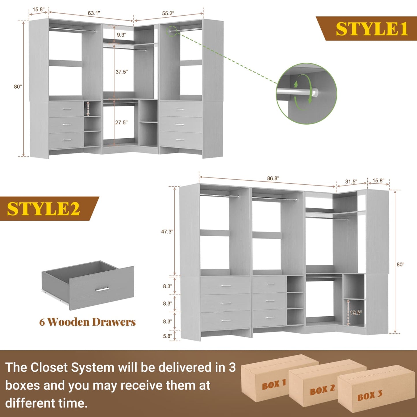 86-In Closet System Set with Wood Drawers, Corner Closet Organizer with Hanging Rods