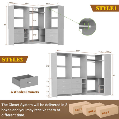 86-In Closet System Set with Wood Drawers, Corner Closet Organizer with Hanging Rods