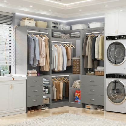 86-In Closet System Set with Wood Drawers, Corner Closet Organizer with Hanging Rods