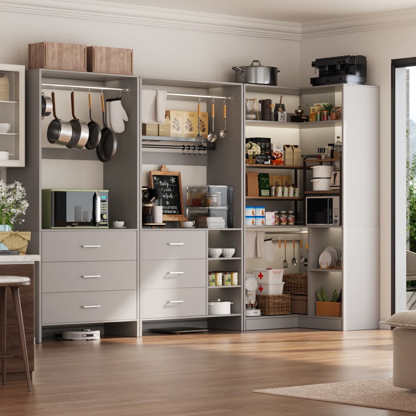 86-In Closet System Set with Wood Drawers, Corner Closet Organizer with Hanging Rods
