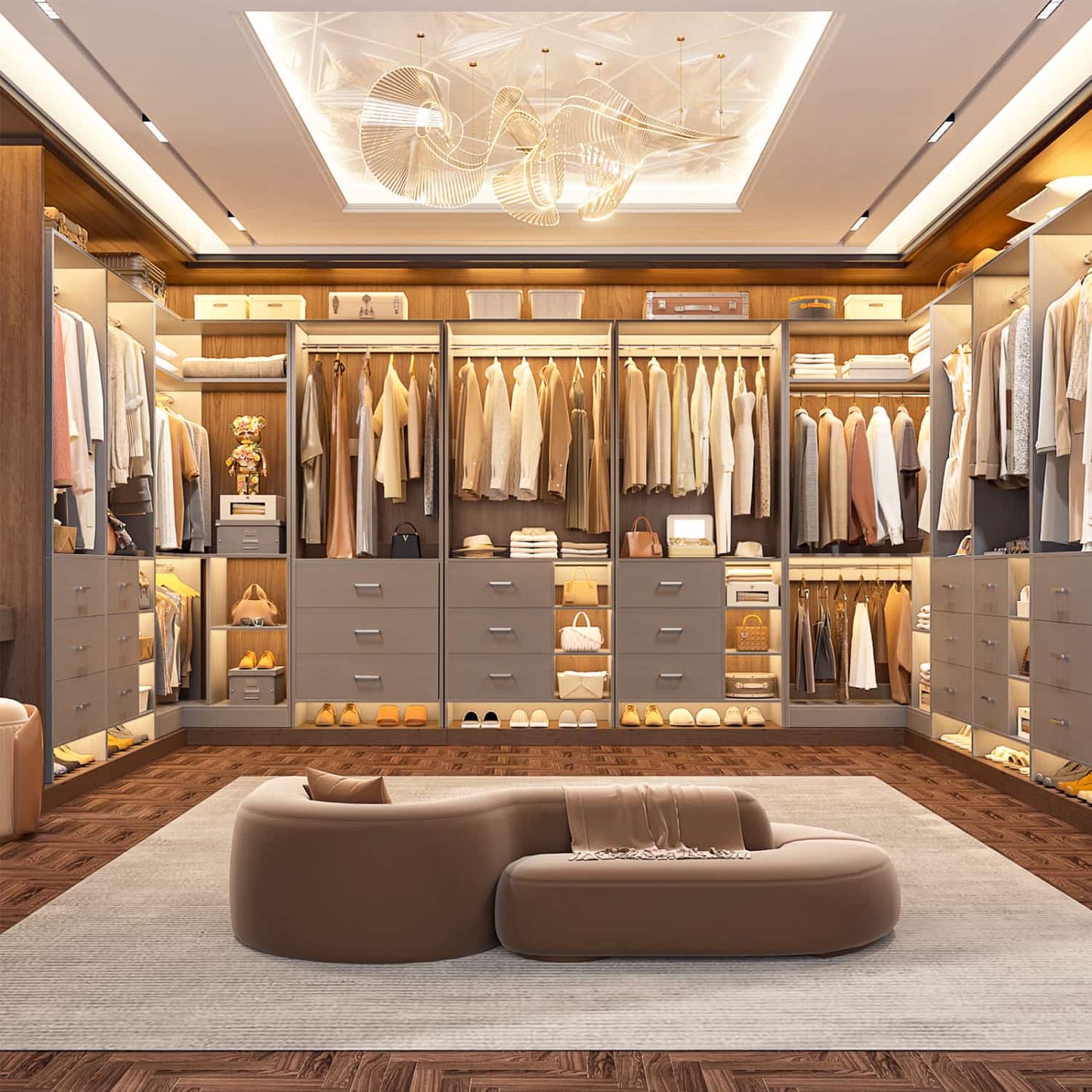 86-In Closet System Set with Wood Drawers, Corner Closet Organizer with Hanging Rods
