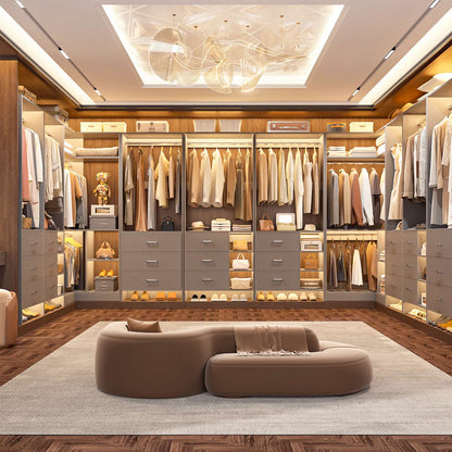 86-In Closet System Set with Wood Drawers, Corner Closet Organizer with Hanging Rods