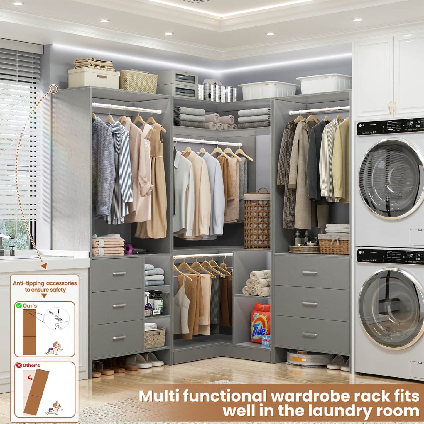 86-In Closet System Set with Wood Drawers, Corner Closet Organizer with Hanging Rods