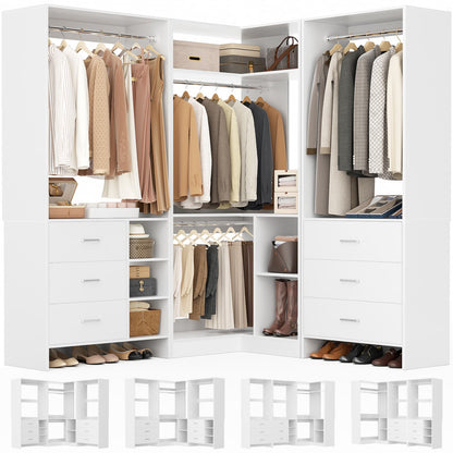 86-In Closet System Set with Wood Drawers, Corner Closet Organizer with Hanging Rods