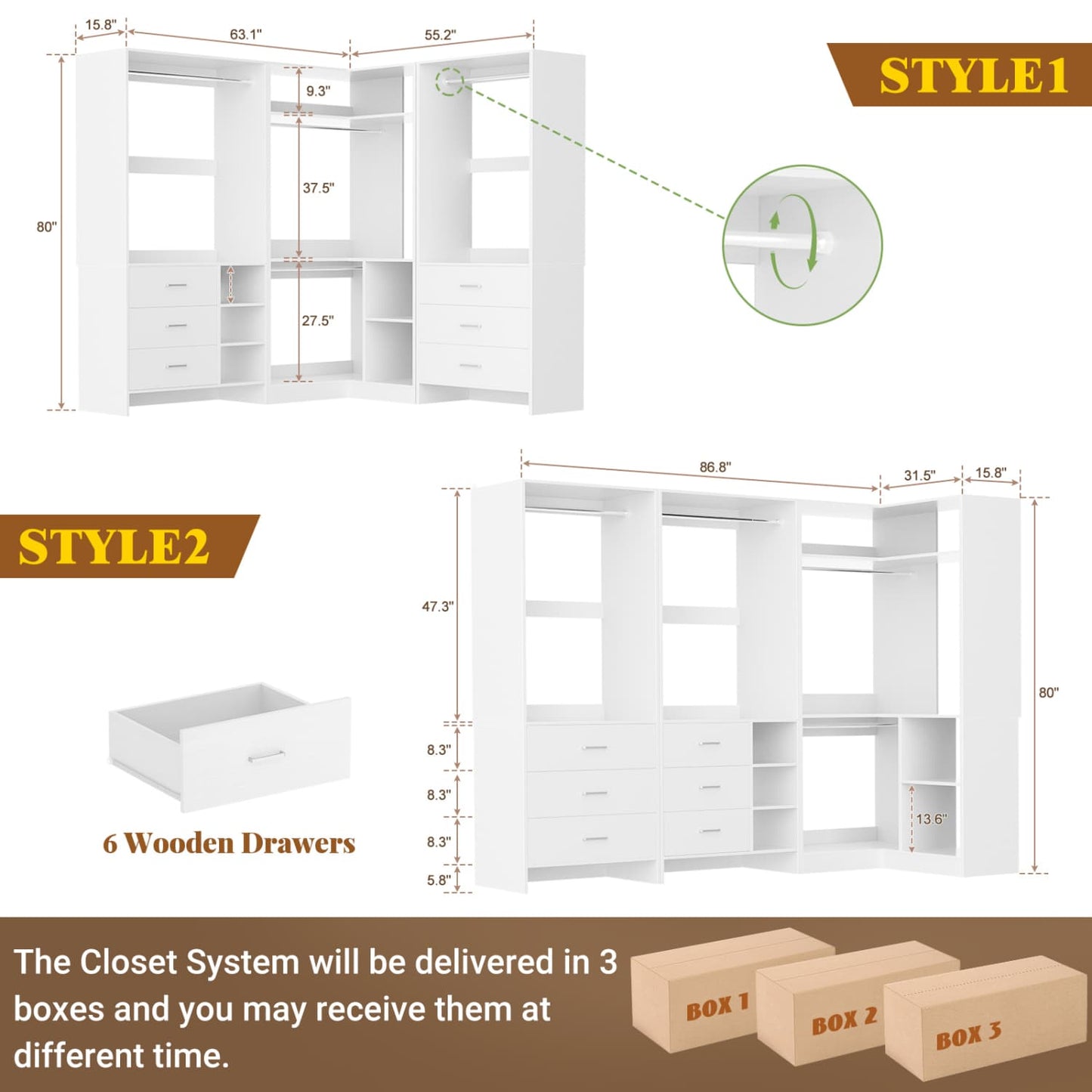 86-In Closet System Set with Wood Drawers, Corner Closet Organizer with Hanging Rods