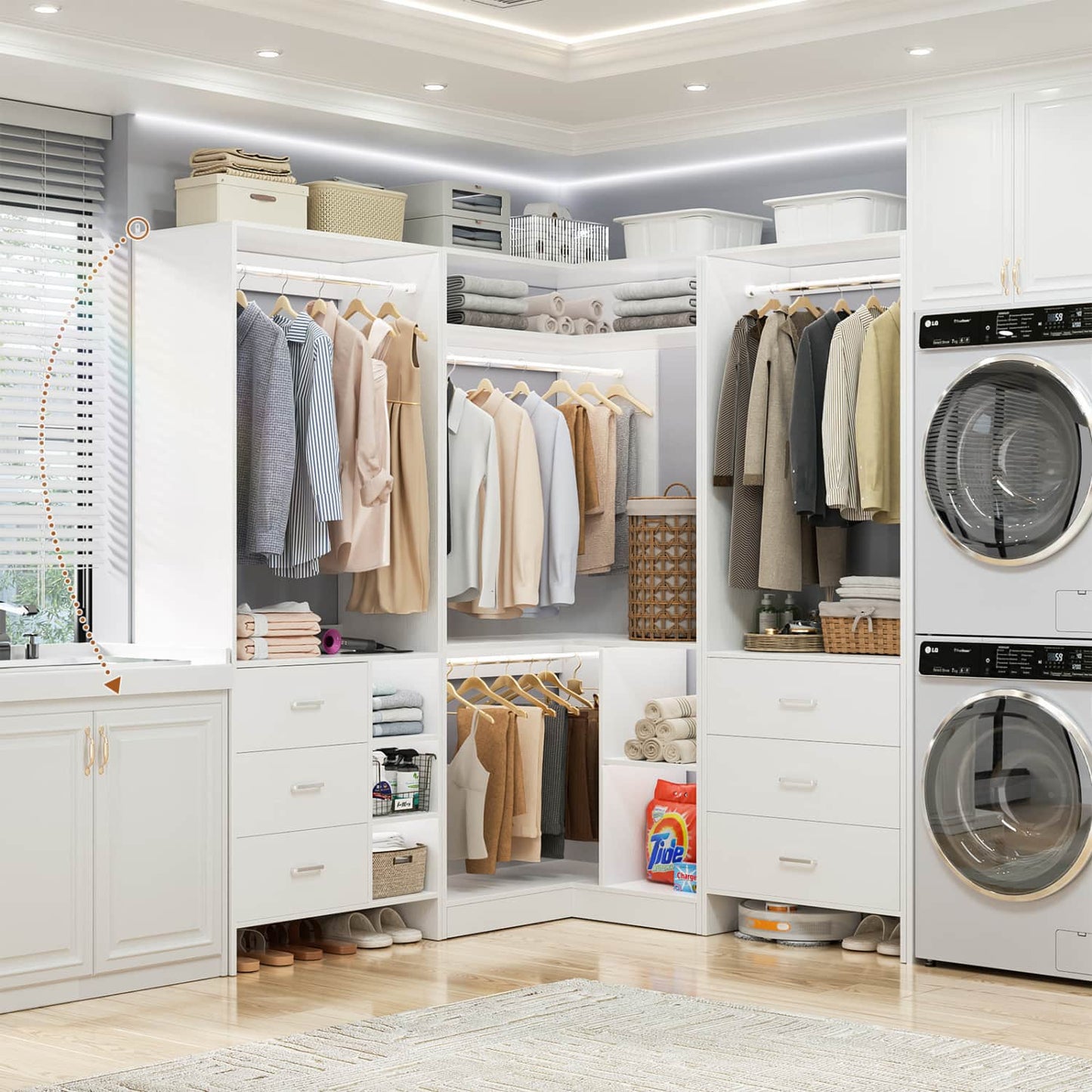 86-In Closet System Set with Wood Drawers, Corner Closet Organizer with Hanging Rods