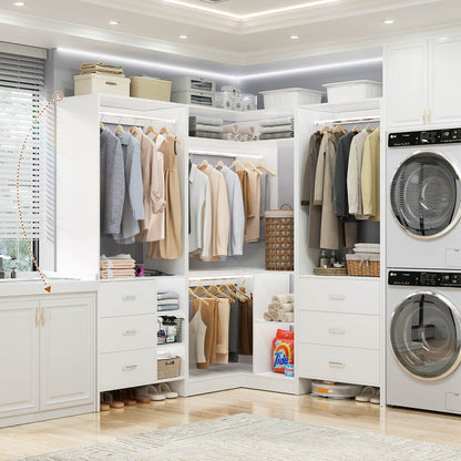 86-In Closet System Set with Wood Drawers, Corner Closet Organizer with Hanging Rods