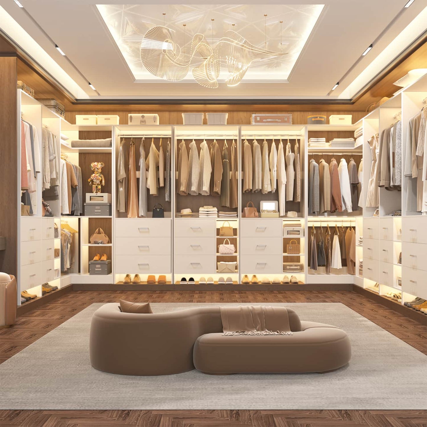 86-In Closet System Set with Wood Drawers, Corner Closet Organizer with Hanging Rods