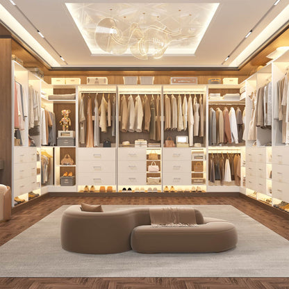 86-In Closet System Set with Wood Drawers, Corner Closet Organizer with Hanging Rods