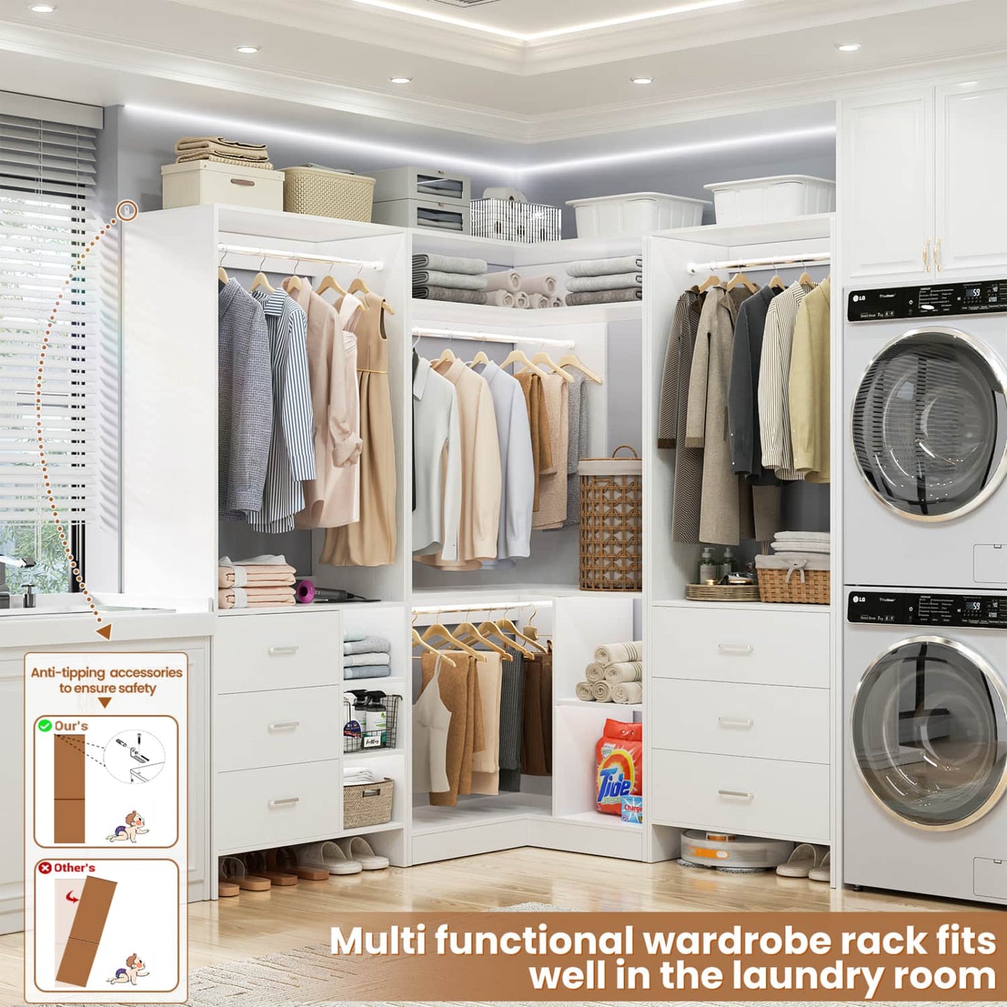 86-In Closet System Set with Wood Drawers, Corner Closet Organizer with Hanging Rods