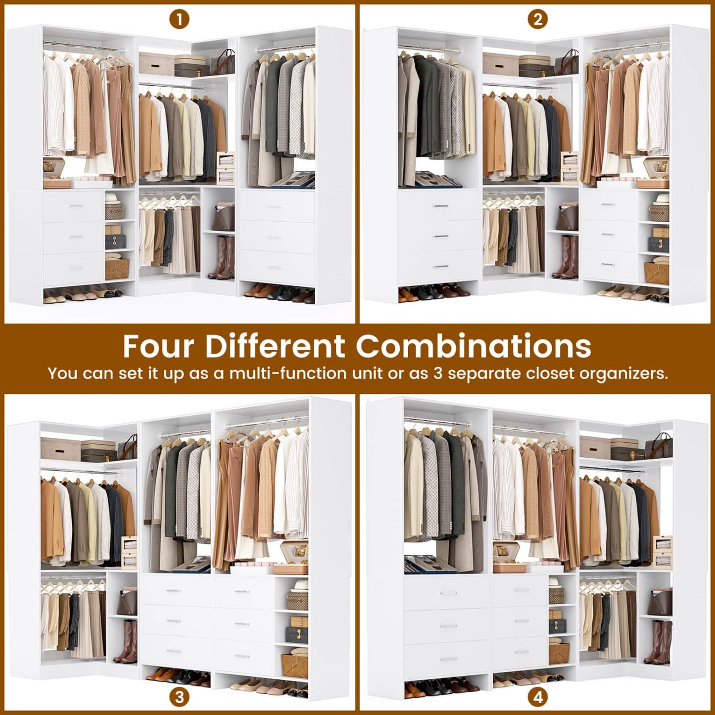 86-In Closet System Set with Wood Drawers, Corner Closet Organizer with Hanging Rods