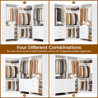 86-In Closet System Set with Wood Drawers, Corner Closet Organizer with Hanging Rods