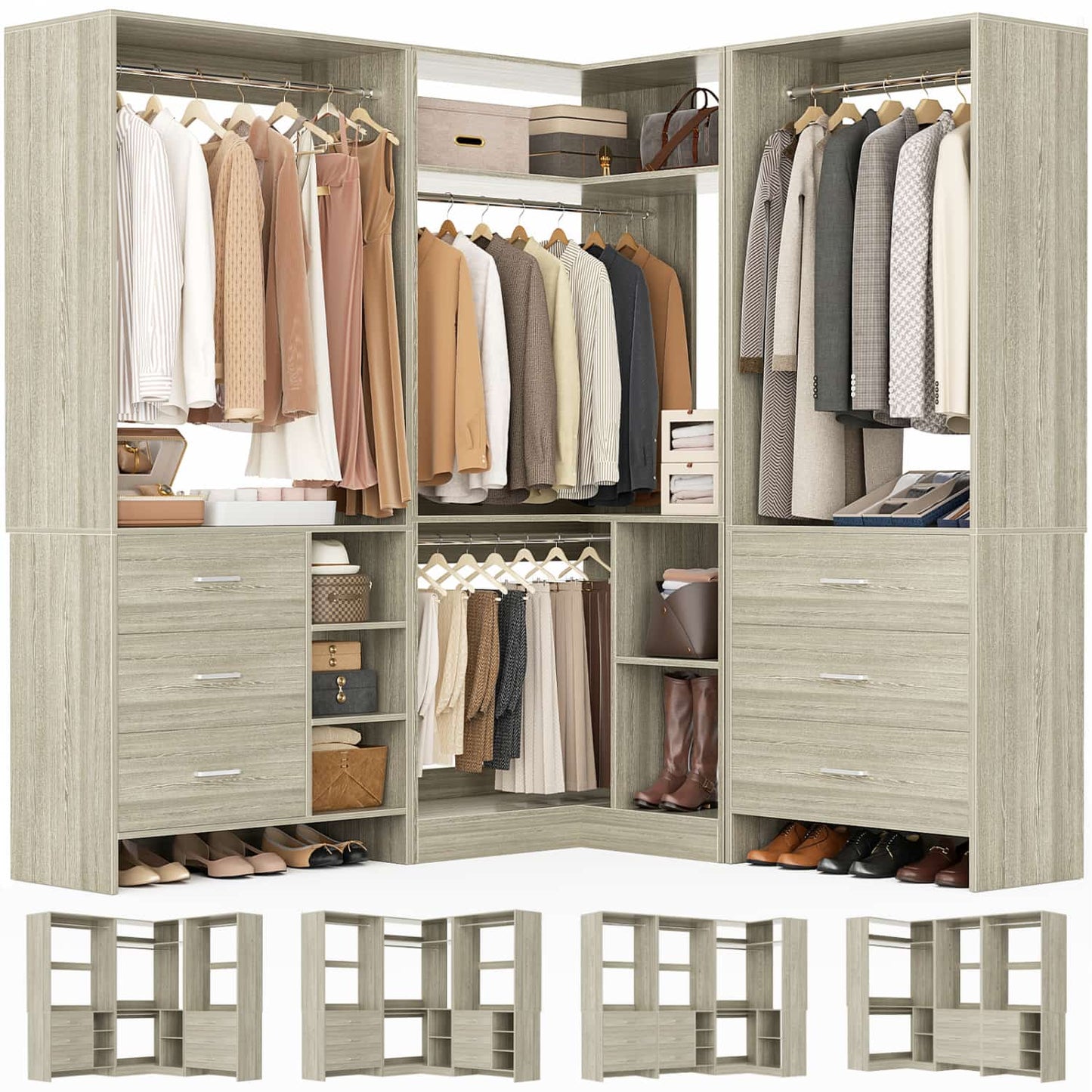 86-In Closet System Set with Wood Drawers, Corner Closet Organizer with Hanging Rods