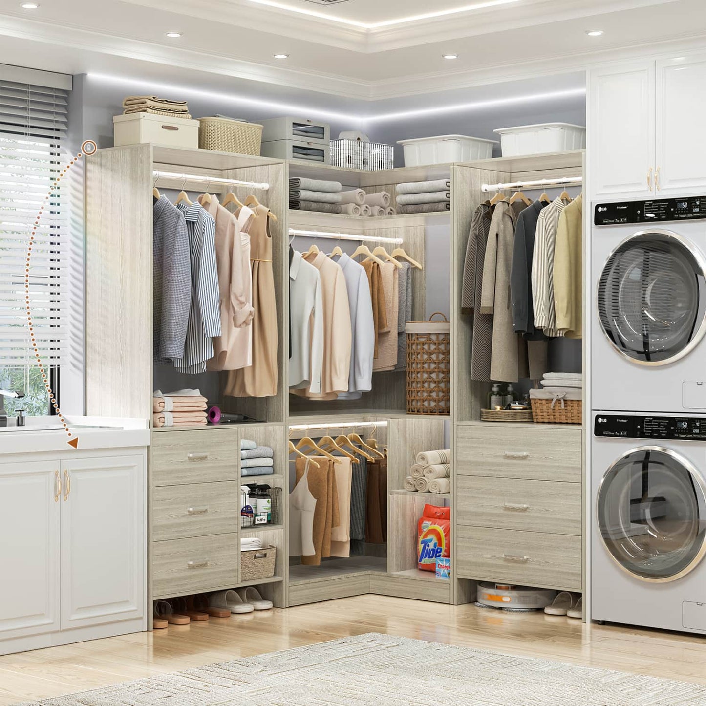86-In Closet System Set with Wood Drawers, Corner Closet Organizer with Hanging Rods