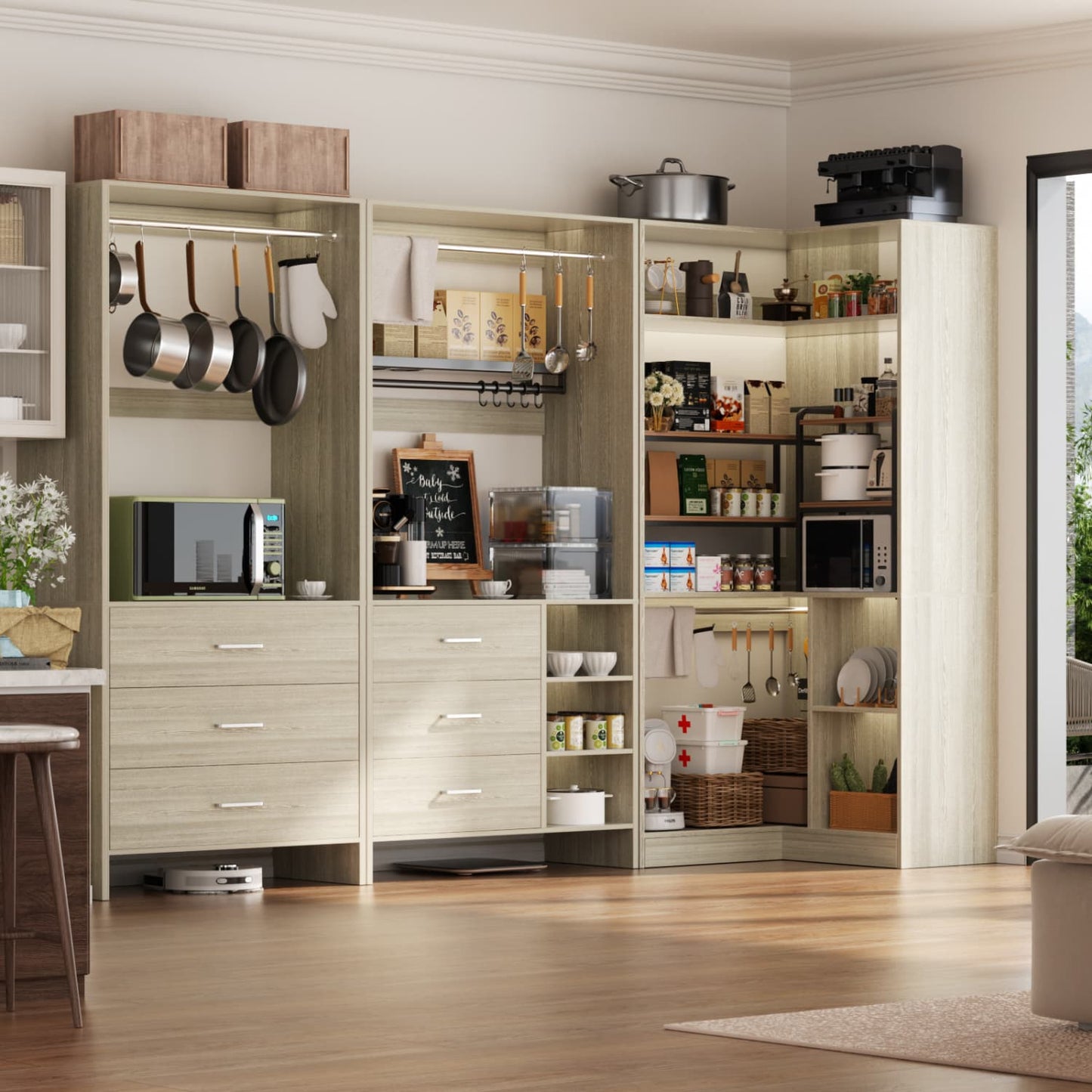 86-In Closet System Set with Wood Drawers, Corner Closet Organizer with Hanging Rods
